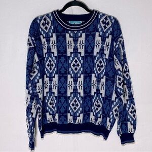 Vintage Botany 500 Blue White Jacquard Crew Neck 80s 90s Dad Sweater L